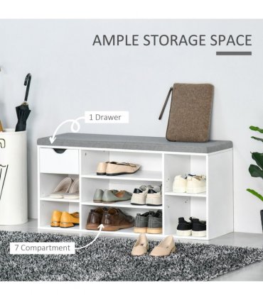 HOMCOM Shoe Storage Cabinet Bench w/ Cushion Adjustable Shelves White and Grey