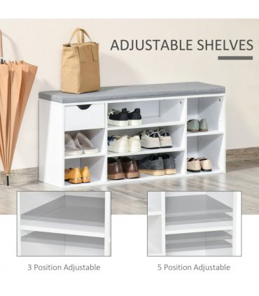 HOMCOM Shoe Storage Cabinet Bench w/ Cushion Adjustable Shelves White and Grey
