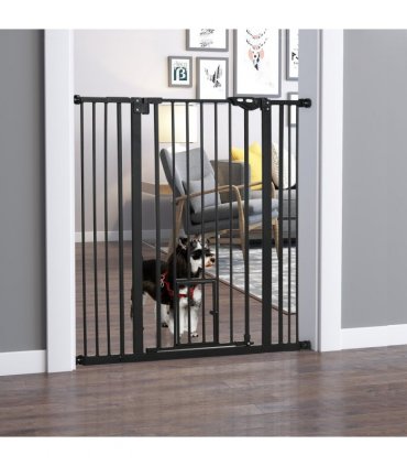 PawHut Extra Tall Dog Gate with Cat Door Auto Close for Stairs 74-101 cm Wide