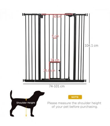 PawHut Extra Tall Dog Gate with Cat Door Auto Close for Stairs 74-101 cm Wide