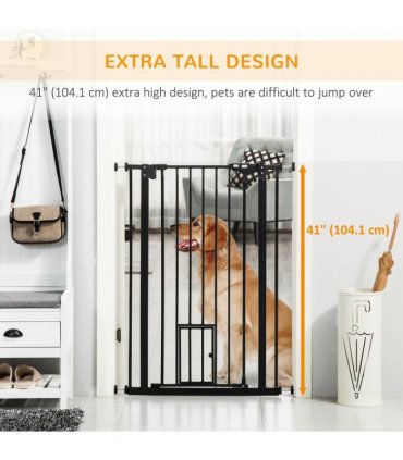 PawHut Extra Tall Dog Gate with Cat Door Auto Close for Stairs 74-101 cm Wide