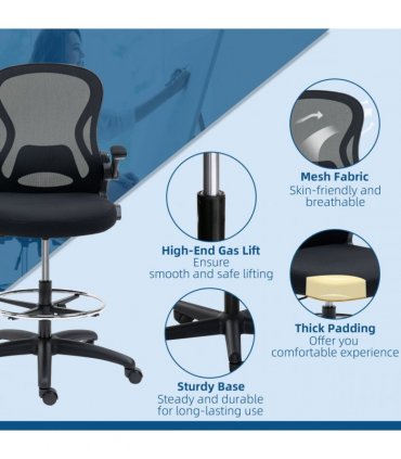 Vinsetto Draughtsman Chair Tall Office Chair w/ Adjustable Footrest Ring Black