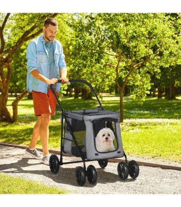 PawHut One-click Foldable Pet Stroller w/ Mesh Windows, for Small Pets - Grey