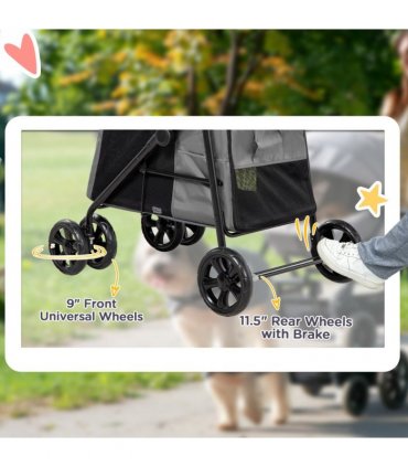 PawHut One-click Foldable Pet Stroller w/ Mesh Windows, for Small Pets - Grey