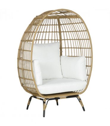 Outsunny Round PE Rattan Outdoor Egg Chair w/ Padded Cushions for Garden, Khaki