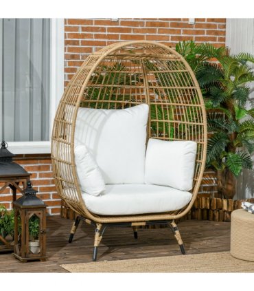 Outsunny Round PE Rattan Outdoor Egg Chair w/ Padded Cushions for Garden, Khaki