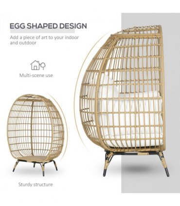 Outsunny Round PE Rattan Outdoor Egg Chair w/ Padded Cushions for Garden, Khaki