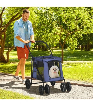 PawHut One-click Foldable Pet Stroller w/ Mesh Windows, for Small Pets - Blue
