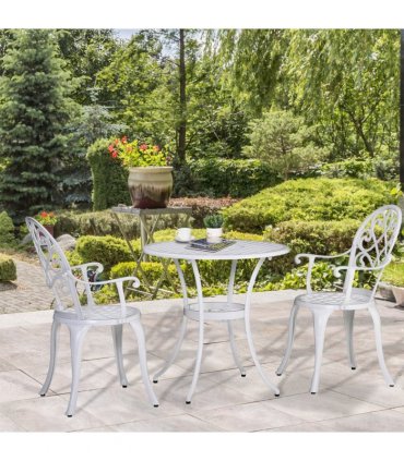 Garden Table Set White Aluminium 66cm Round Table 2 Chairs Outdoor Furniture