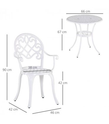 Garden Table Set White Aluminium 66cm Round Table 2 Chairs Outdoor Furniture