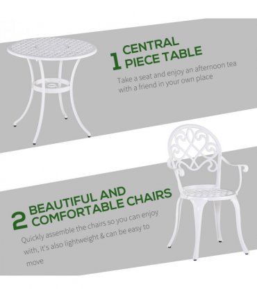 Garden Table Set White Aluminium 66cm Round Table 2 Chairs Outdoor Furniture