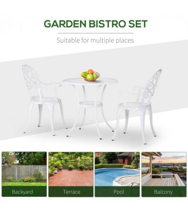 Garden Table Set White Aluminium 66cm Round Table 2 Chairs Outdoor Furniture