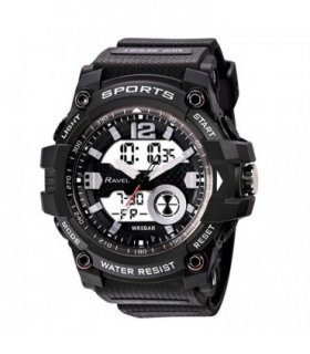 Sports Watch Black PU strap 5ATM Water Resistant Dual Time Display