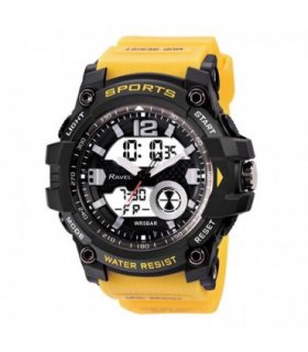 Sports Yellow 5ATM Water Resistant Dual Time Display 12/24 Hour PU Strap Watch