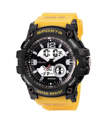 Sports Yellow 5ATM Water Resistant Dual Time Display 12/24 Hour PU Strap Watch