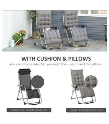 Outsunny 2 PCS Reclining Zero Gravity Chair Folding Lounger Cushion Dark Grey