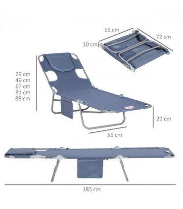 Outsunny Beach Chaise Lounge Portable Adjustable Backrest with Face Cavity Grey