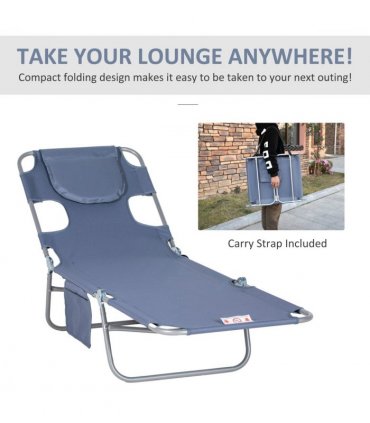 Outsunny Beach Chaise Lounge Portable Adjustable Backrest with Face Cavity Grey