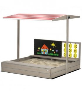 Outsunny Kids Wooden Sandpit, Sandbox w/ Canopy, Seats, for Gardens - Grey