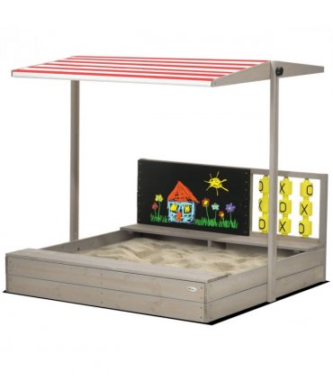 Outsunny Kids Wooden Sandpit, Sandbox w/ Canopy, Seats, for Gardens - Grey