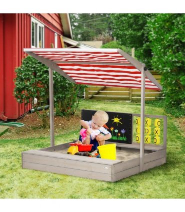 Outsunny Kids Wooden Sandpit, Sandbox w/ Canopy, Seats, for Gardens - Grey