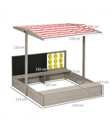 Outsunny Kids Wooden Sandpit, Sandbox w/ Canopy, Seats, for Gardens - Grey