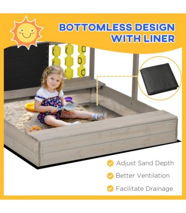 Outsunny Kids Wooden Sandpit, Sandbox w/ Canopy, Seats, for Gardens - Grey