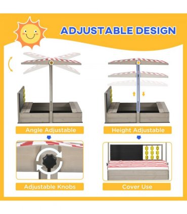 Outsunny Kids Wooden Sandpit, Sandbox w/ Canopy, Seats, for Gardens - Grey