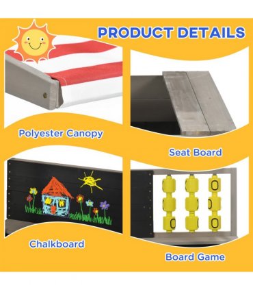Outsunny Kids Wooden Sandpit, Sandbox w/ Canopy, Seats, for Gardens - Grey