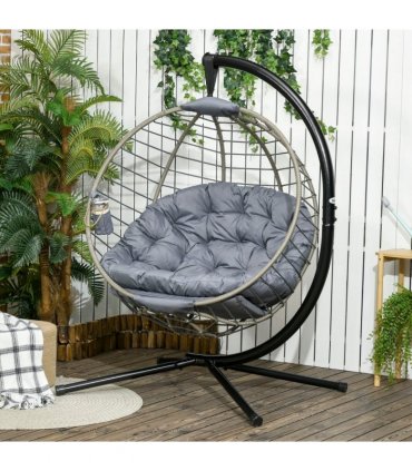 Outsunny PE Rattan Hanging Swing Chair w/ Stand & Cup Holder, Grey