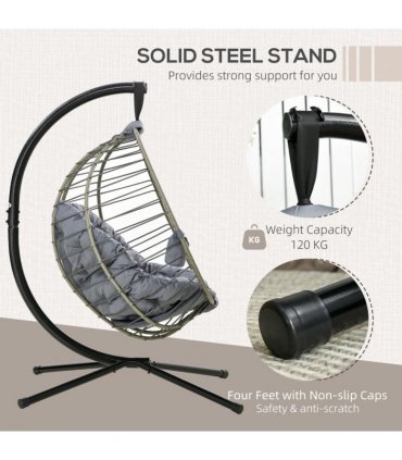 Outsunny PE Rattan Hanging Swing Chair w/ Stand & Cup Holder, Grey