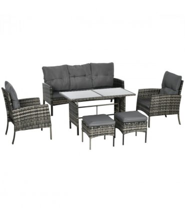 Outsunny Rattan Garden Furniture Sofa Set, 2 Armchairs 2 Footstools Table Grey