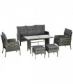 Outsunny Rattan Garden Furniture Sofa Set, 2 Armchairs 2 Footstools Table Grey