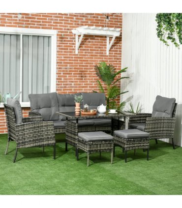 Outsunny Rattan Garden Furniture Sofa Set, 2 Armchairs 2 Footstools Table Grey