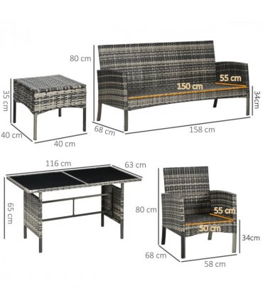 Outsunny Rattan Garden Furniture Sofa Set, 2 Armchairs 2 Footstools Table Grey