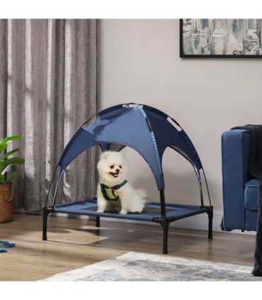 PawHut 76cm Elevated Dog Bed Cooling Raised Pet Cot UV Protection Canopy Blue
