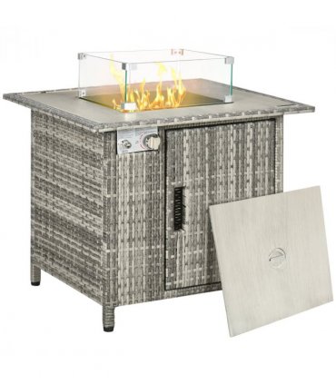 Outsunny Gas Fire Pit Table w/ Rain Cover, Windscreen & Lava Stone, 50,000 BTU