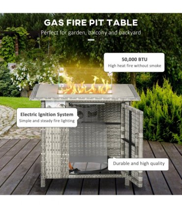 Outsunny Gas Fire Pit Table w/ Rain Cover, Windscreen & Lava Stone, 50,000 BTU