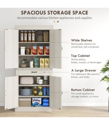 HOMCOM 180cm Kitchen Pantry Storage Cabinet Server Food Organizer, White