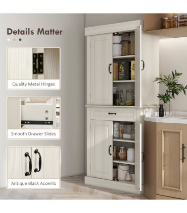 HOMCOM 180cm Kitchen Pantry Storage Cabinet Server Food Organizer, White