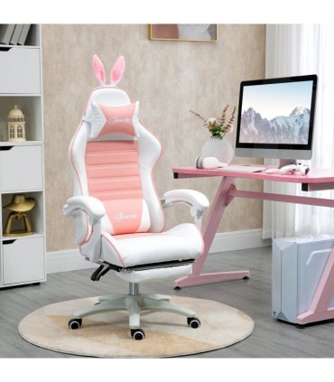 Vinsetto Racing Style Gaming Chair with Footrest Removable Rabbit Ears, Pink