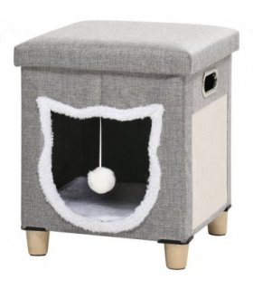 PawHut 2 in 1 Cat Bed Ottoman w/ Removable Cushion, Handles, Scratching Pad