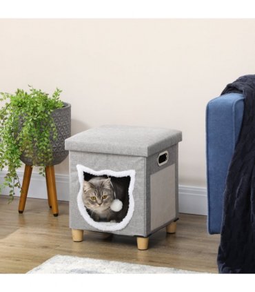 PawHut 2 in 1 Cat Bed Ottoman w/ Removable Cushion, Handles, Scratching Pad