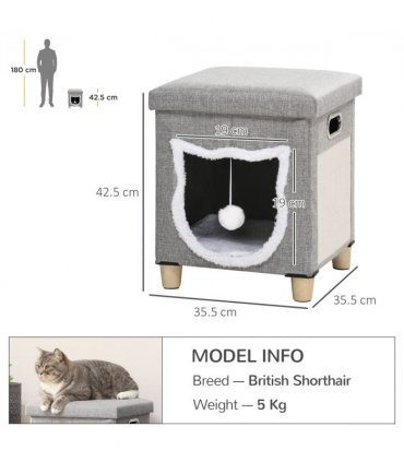 PawHut 2 in 1 Cat Bed Ottoman w/ Removable Cushion, Handles, Scratching Pad