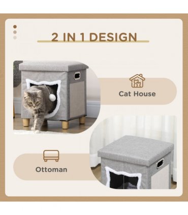 PawHut 2 in 1 Cat Bed Ottoman w/ Removable Cushion, Handles, Scratching Pad