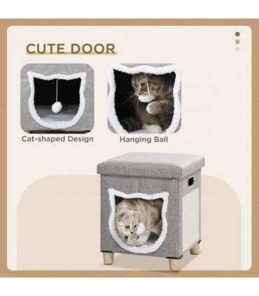 PawHut 2 in 1 Cat Bed Ottoman w/ Removable Cushion, Handles, Scratching Pad