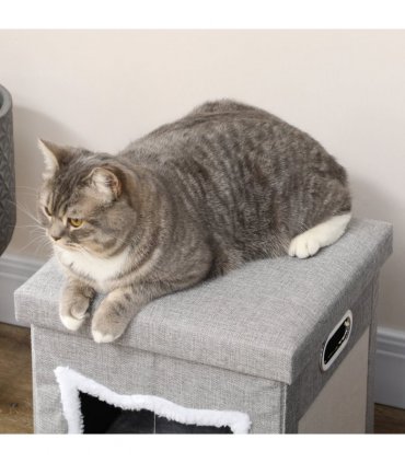 PawHut 2 in 1 Cat Bed Ottoman w/ Removable Cushion, Handles, Scratching Pad