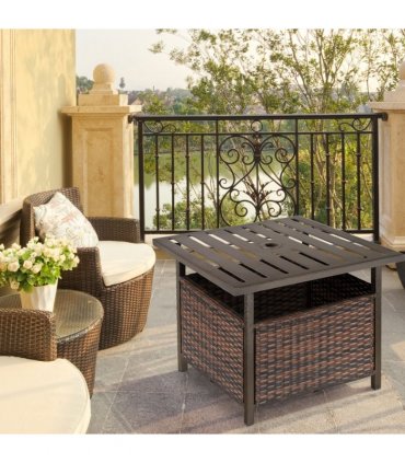 Rattan Brown Outdoor Coffee Table w/ Umbrella Hole 46H x 55.5L x 55.5Wcm