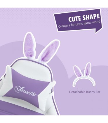 Gaming Chair Purple Faux Leather 65cm x 63cm x 142cm Cute Bunny Ears