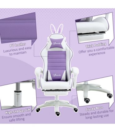 Gaming Chair Purple Faux Leather 65cm x 63cm x 142cm Cute Bunny Ears